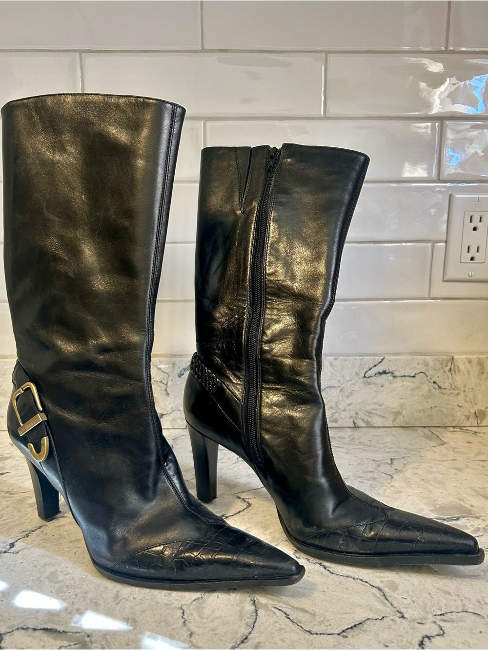 ANTONIO MELANI Black Leather Pointed-Toe Mid-Calf Boots with Gold Buckle Accent